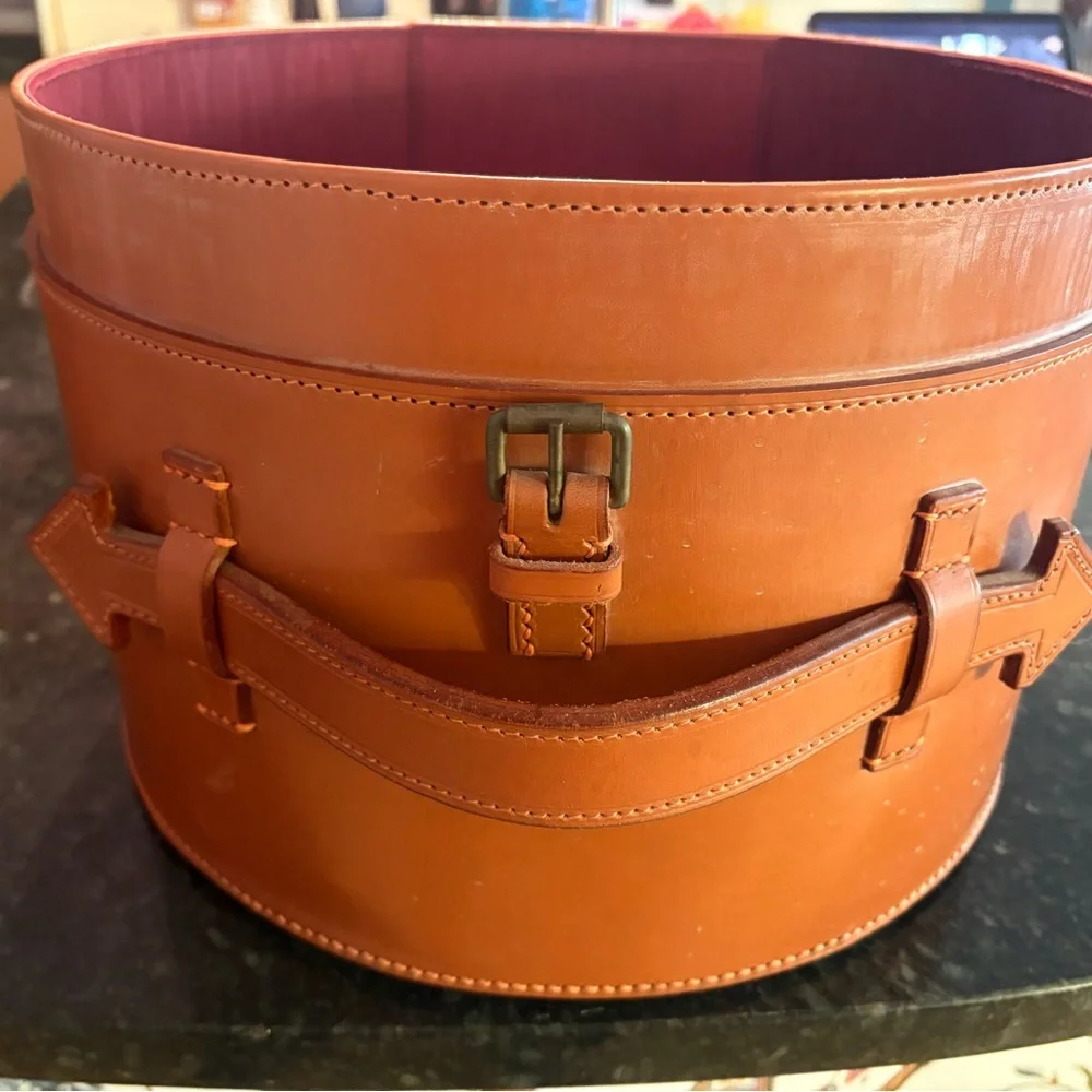 Cognac Leather Rounded Storage Box - Picture 3 of 10